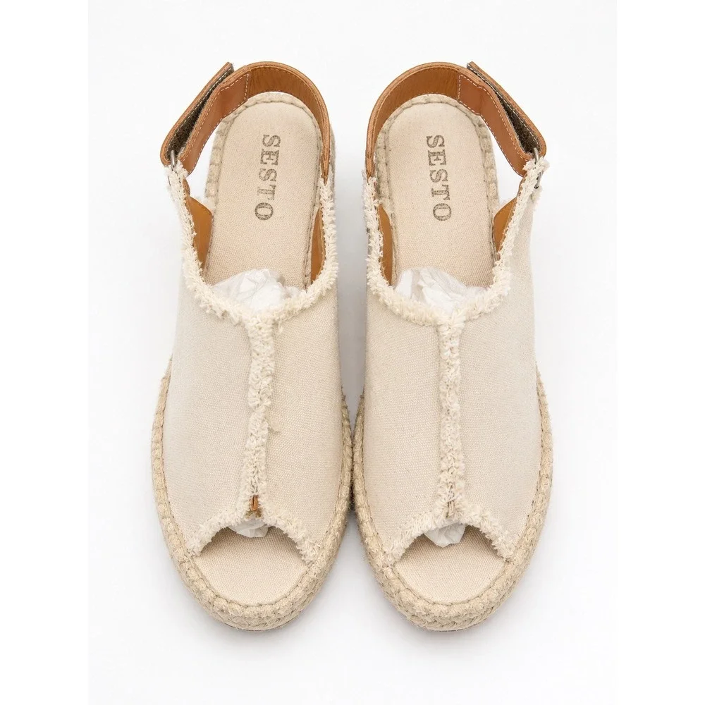 Sesto Meucci Womens Frayed Canvas Espadrille Wedge Sandals Cream Spain Size 6